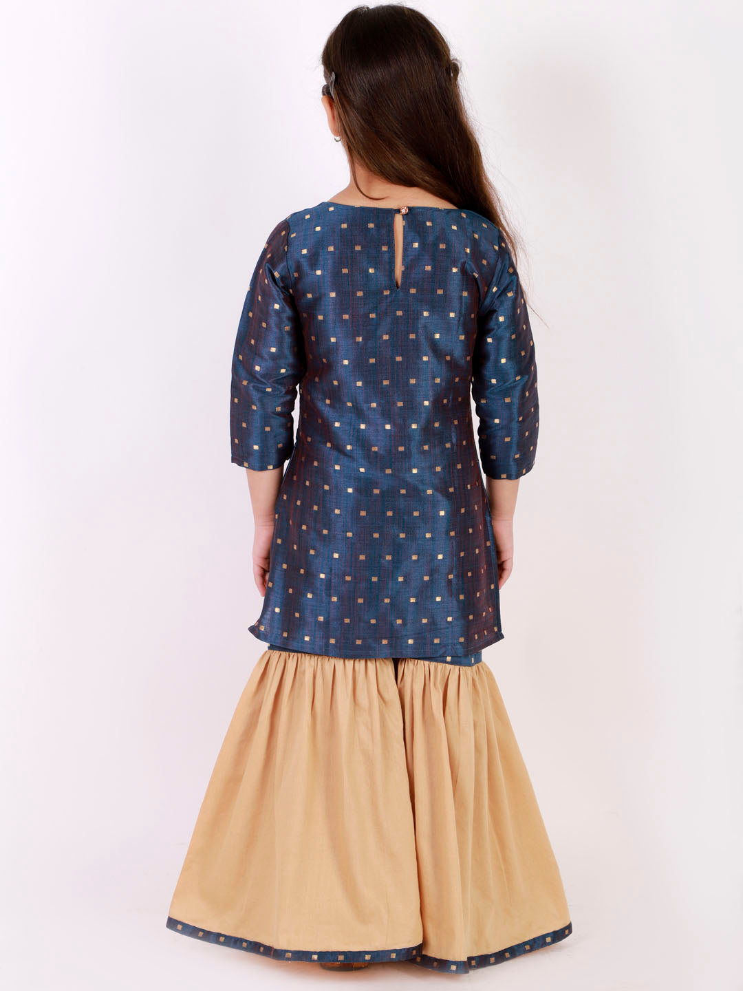 Vastramay Girls' Blue Zari Kurta And Rose Gold Sharara Set