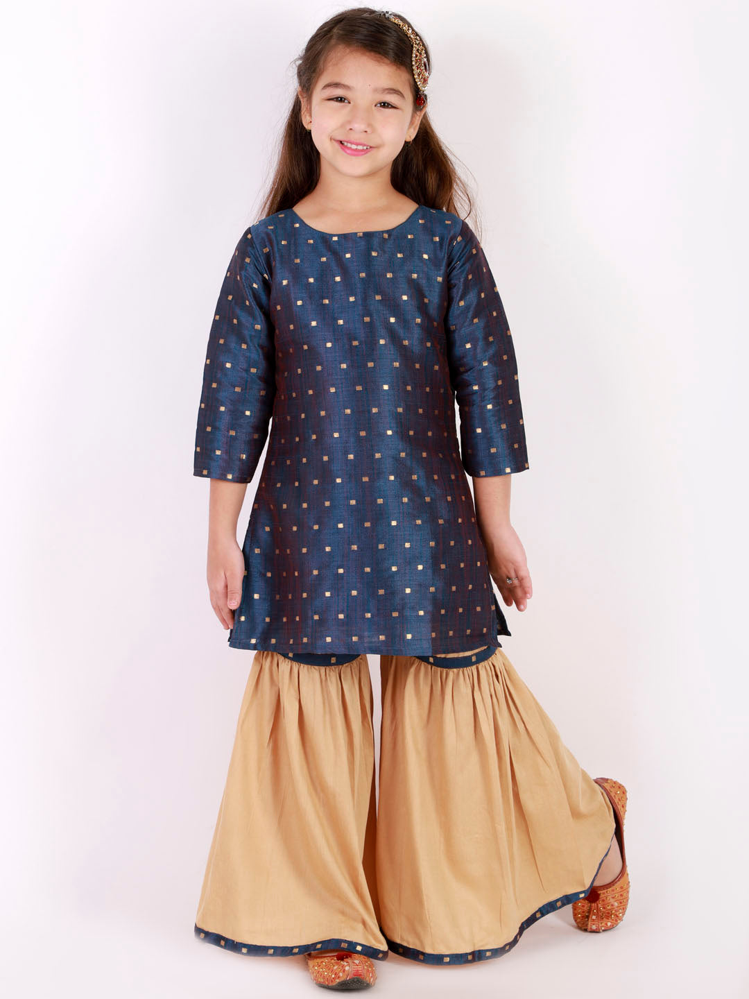 Vastramay Girls' Blue Zari Kurta And Rose Gold Sharara Set