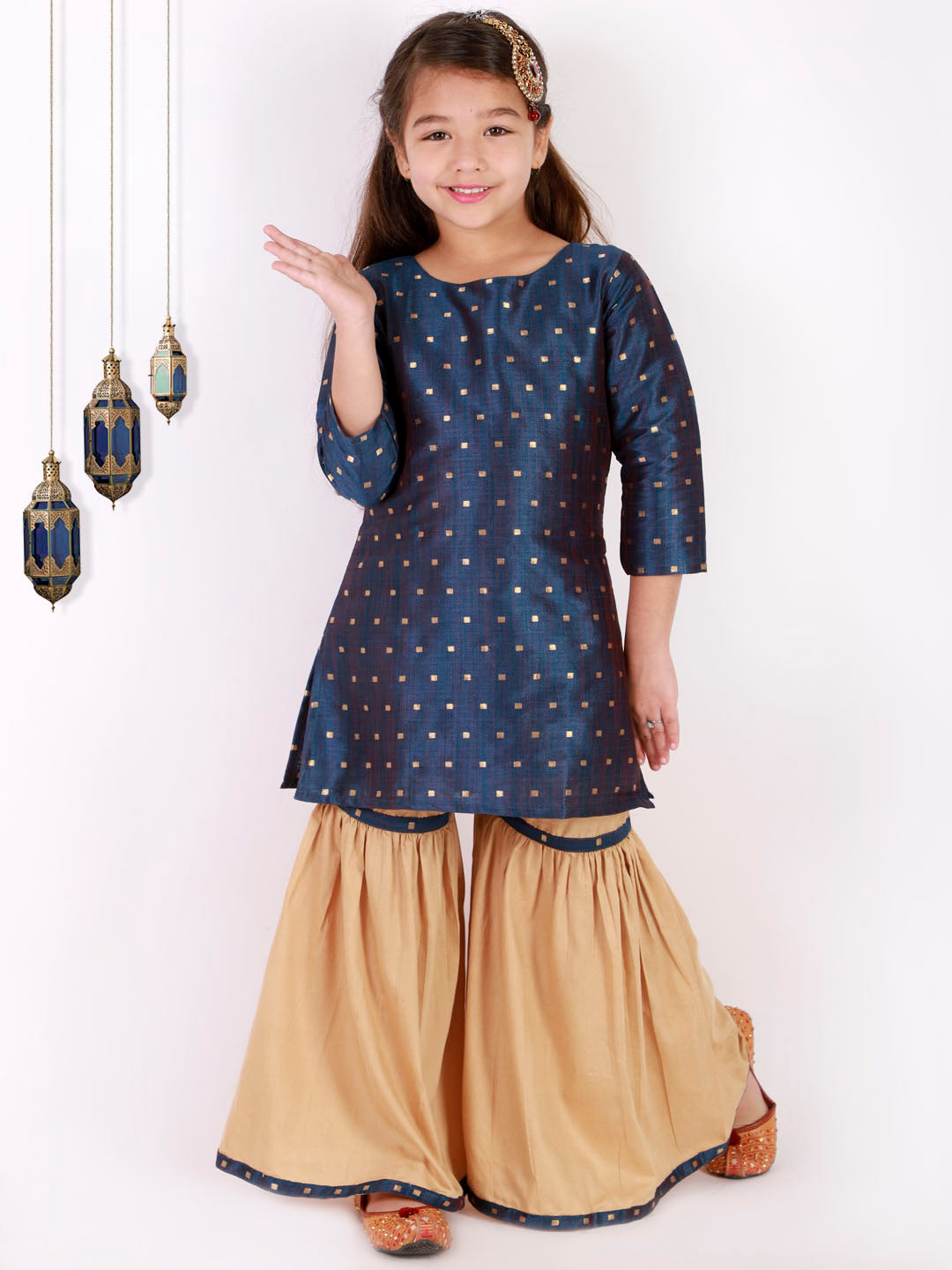 Vastramay Girls' Blue Zari Kurta And Rose Gold Sharara Set