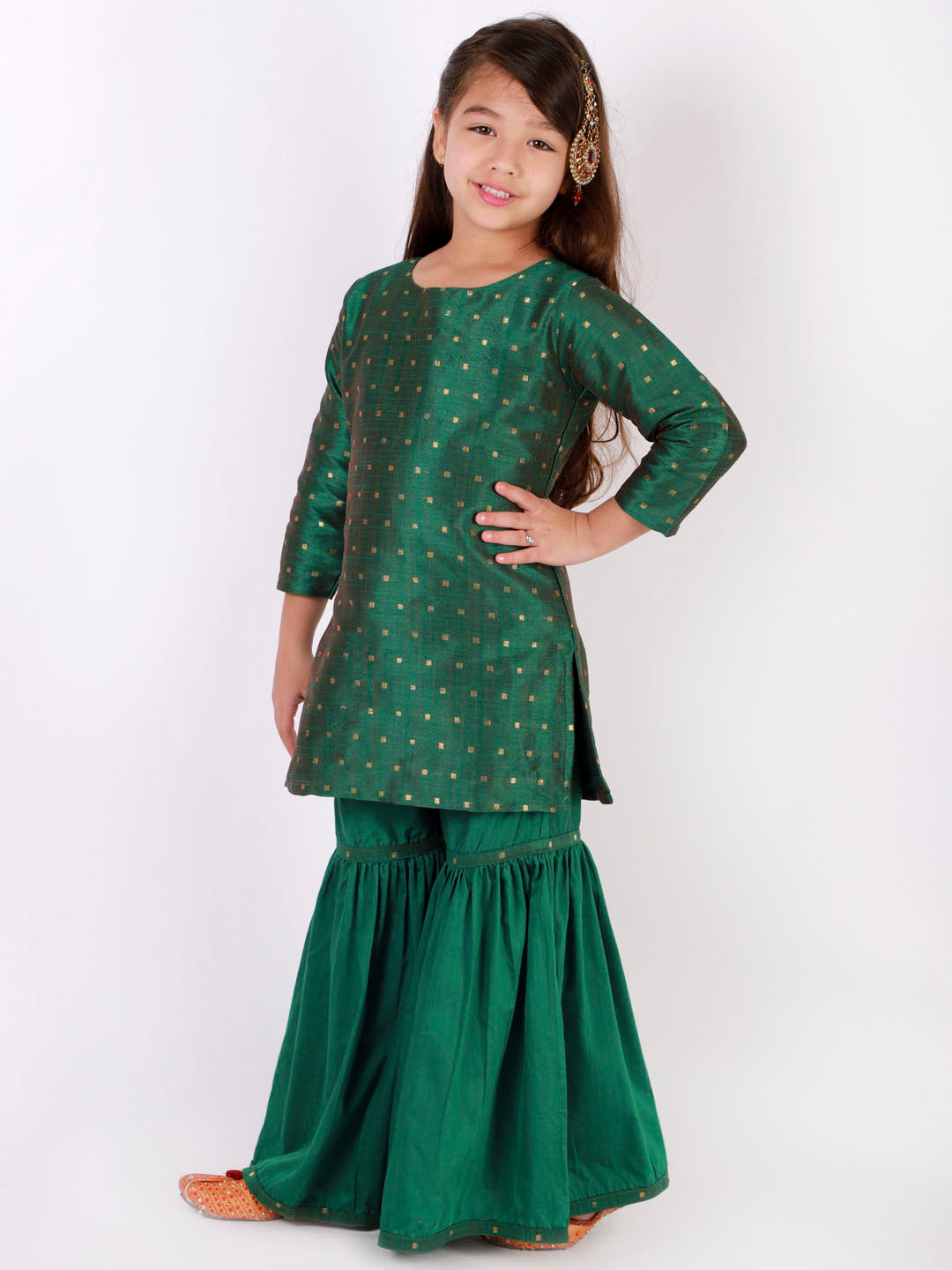 Vastramay Girls' Green Zari Kurta And Sharara Set