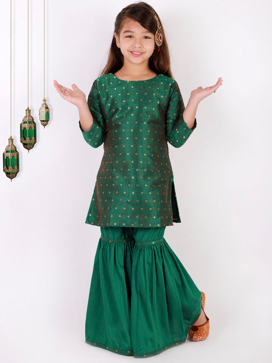 Vastramay Girls' Green Zari Kurta And Sharara Set