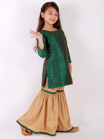 Vastramay Girls' Green Zari Kurta And Rose Gold Sharara Set