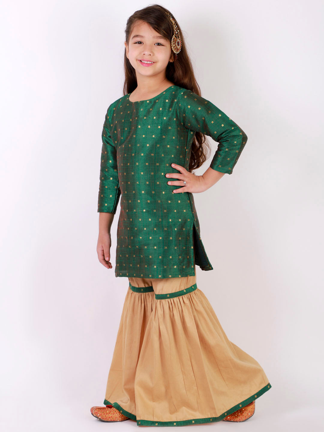 Vastramay Girls' Green Zari Kurta And Rose Gold Sharara Set