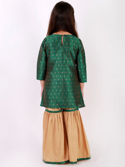 Vastramay Girls' Green Zari Kurta And Rose Gold Sharara Set