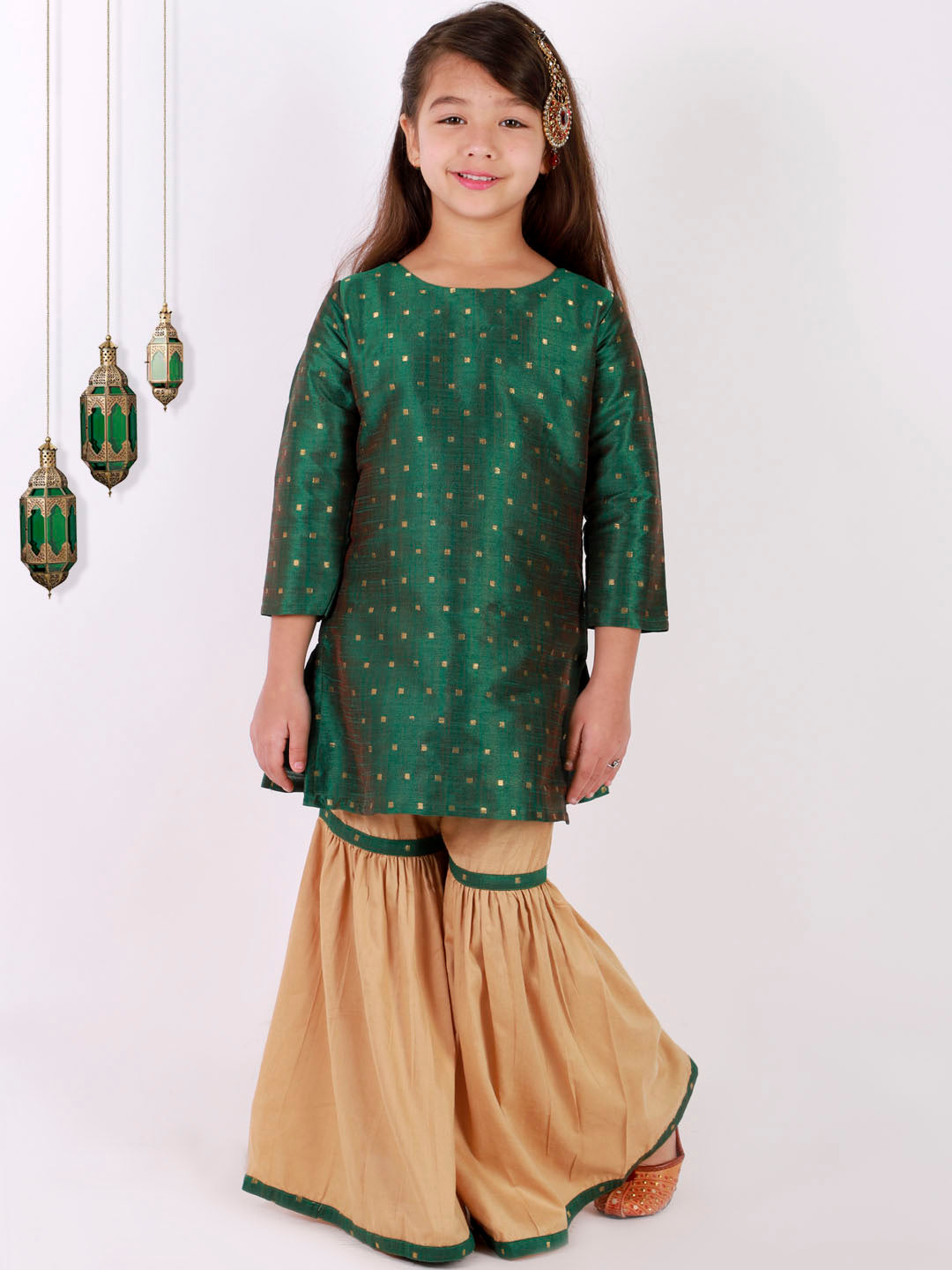 Vastramay Girls' Green Zari Kurta And Rose Gold Sharara Set