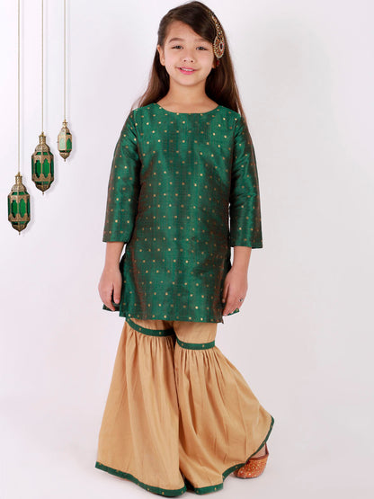 Vastramay Girls' Green Zari Kurta And Rose Gold Sharara Set