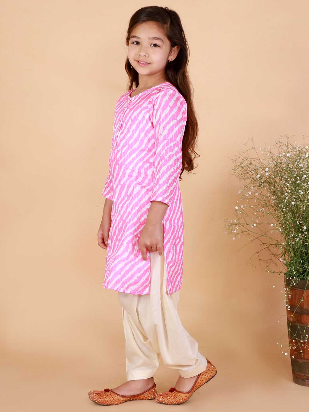 Vastramay Girls' Pink Printed Kurta & Cream Patiala Set