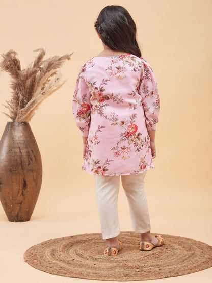 VASTRAMAY Pink Cotton Blend Floral Print Kurta Pyjama Sibling Set