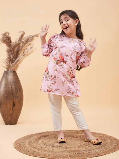 VASTRAMAY Pink Cotton Blend Floral Print Kurta Pyjama Sibling Set