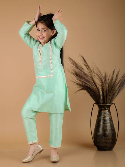 Vastramay Girls' Mint Green Viscose Kurta Pant Set