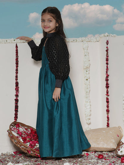 VASTRAMAY Girls' Green Sequinced Long dress With detachable Cuff Sleeves