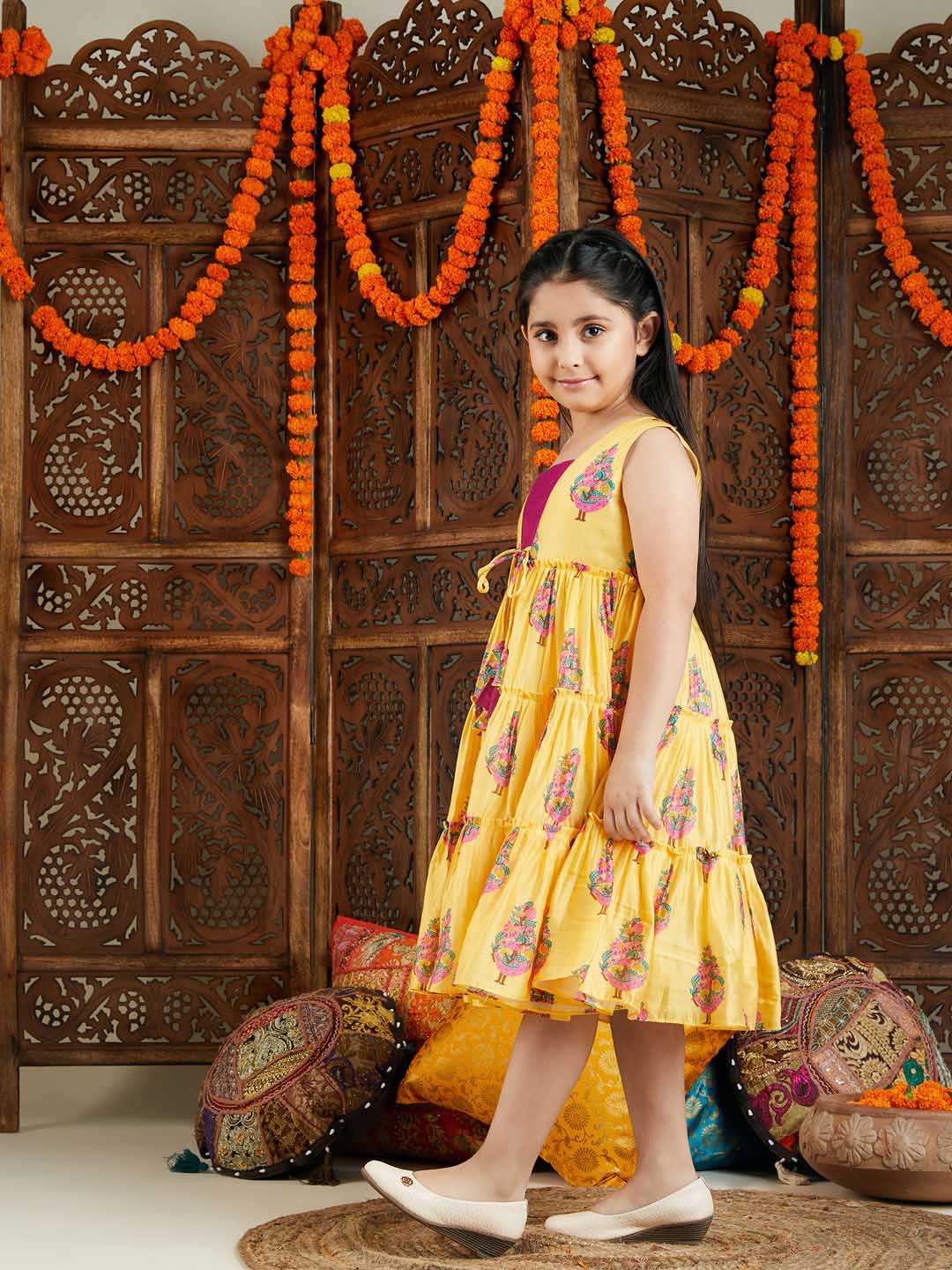 VASTRAMAY Girl's Yellow And Pink Ethnic Dress