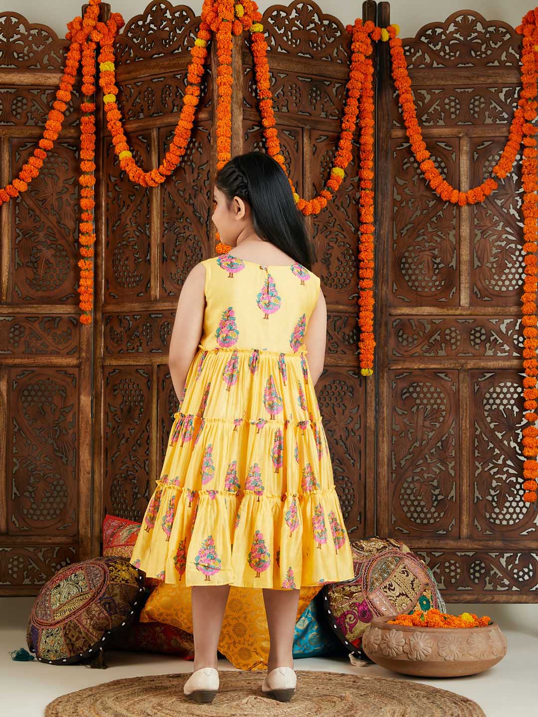 VASTRAMAY Girl's Yellow And Pink Ethnic Dress