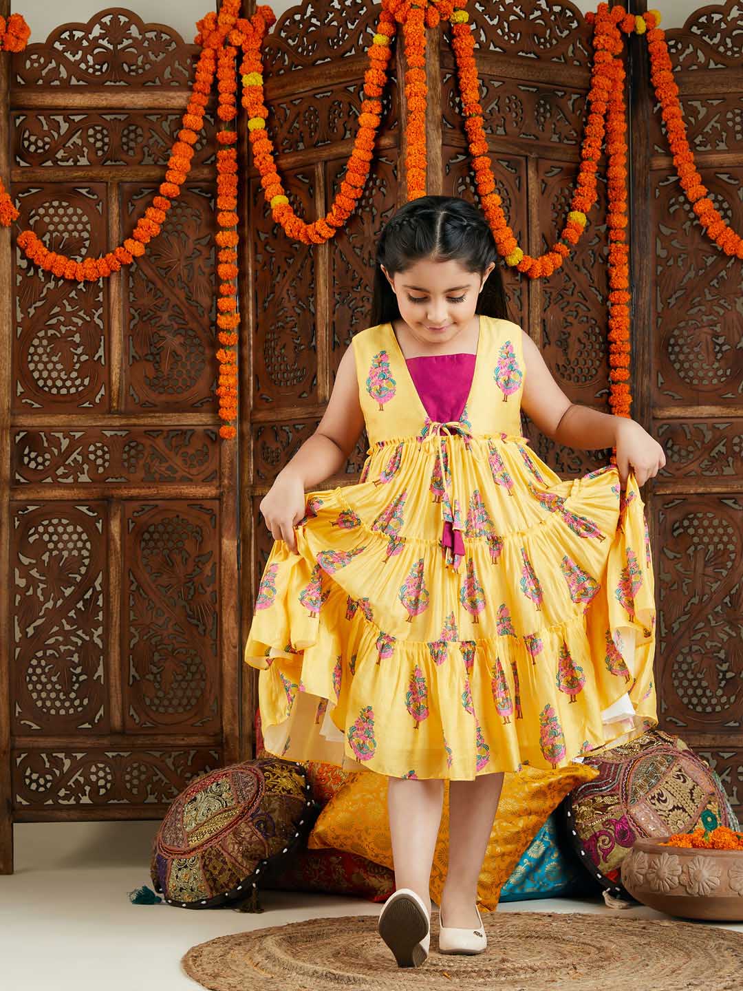 VASTRAMAY Girl's Yellow And Pink Ethnic Dress