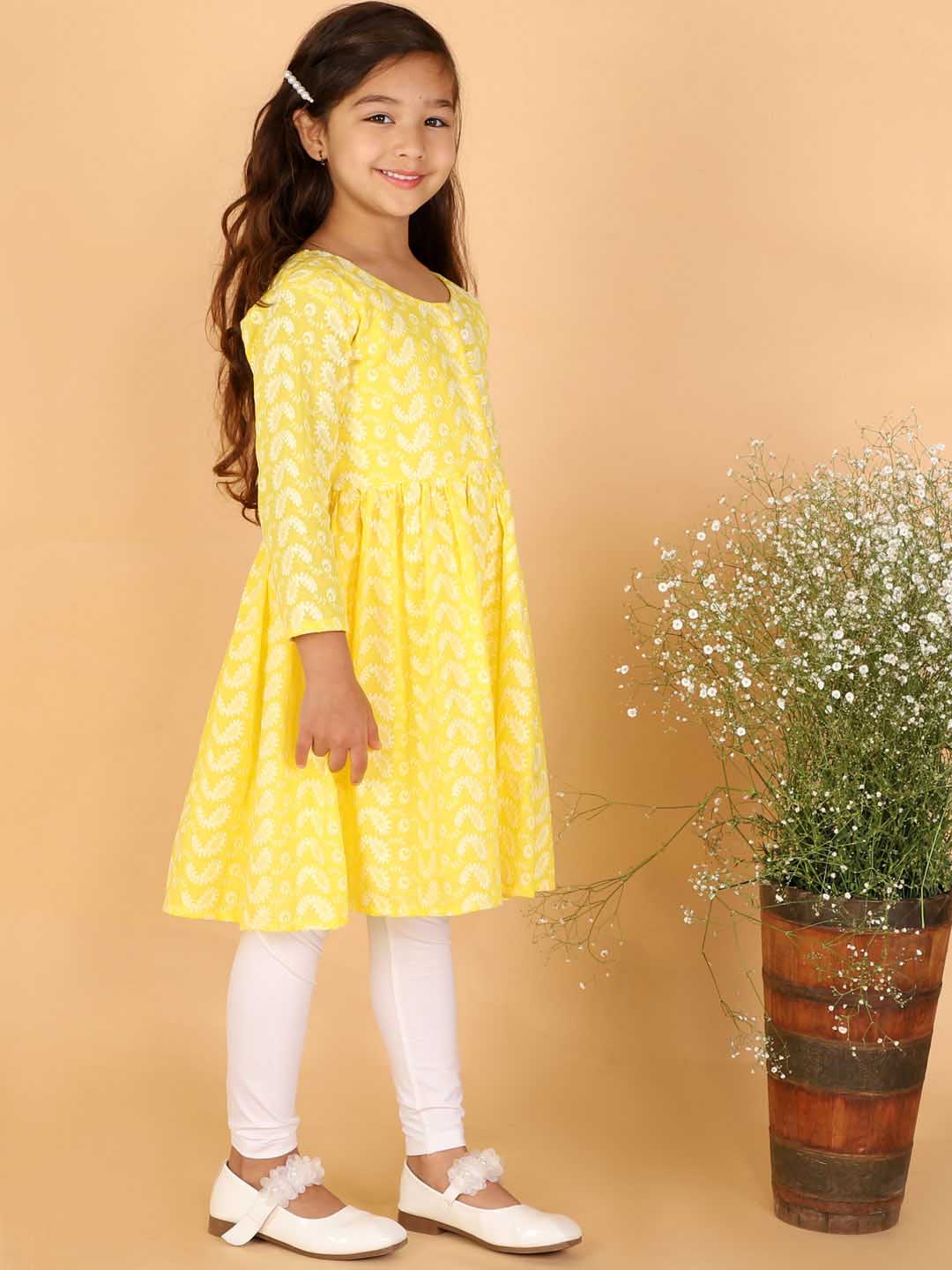 Vastramay Girls Yellow Pure Cotton Chikankari Kurta With Leggings