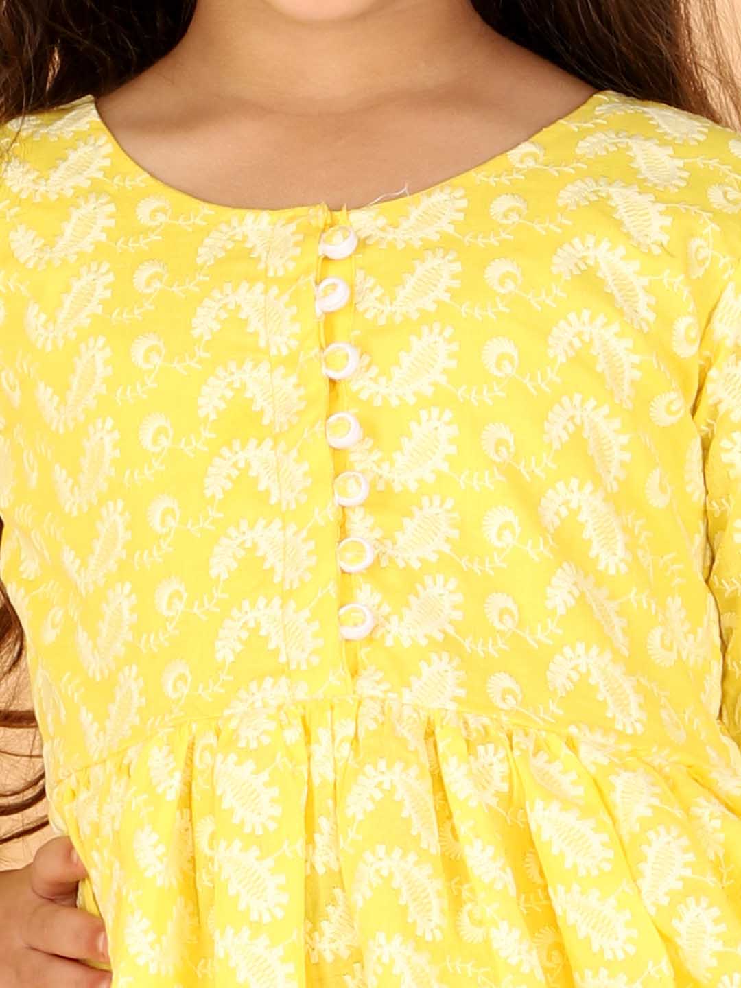 Vastramay Girls Yellow Pure Cotton Chikankari Kurta With Leggings