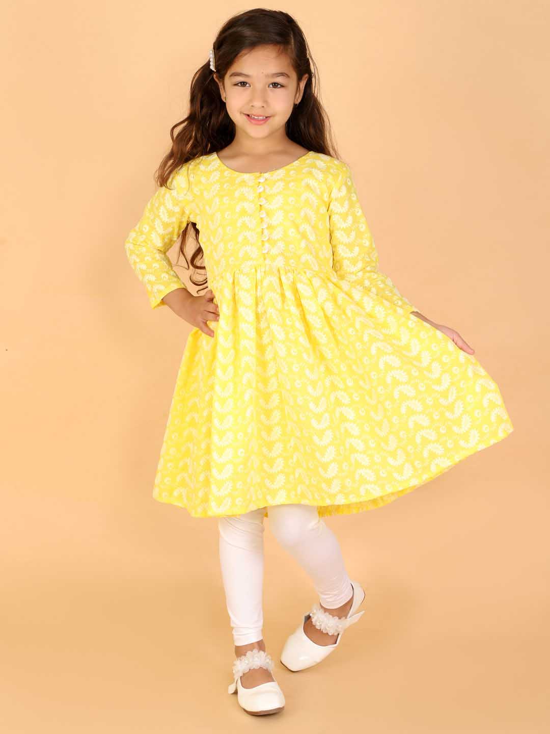 Vastramay Girls Yellow Pure Cotton Chikankari Kurta With Leggings