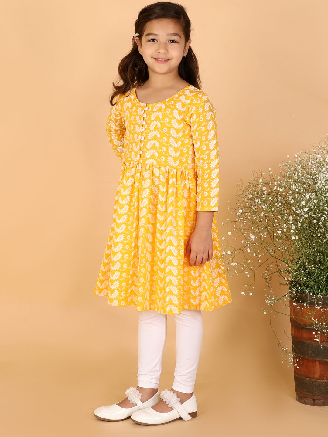 Vastramay Girl's Orange Pure Cotton Chikankari Kurta With Leggings