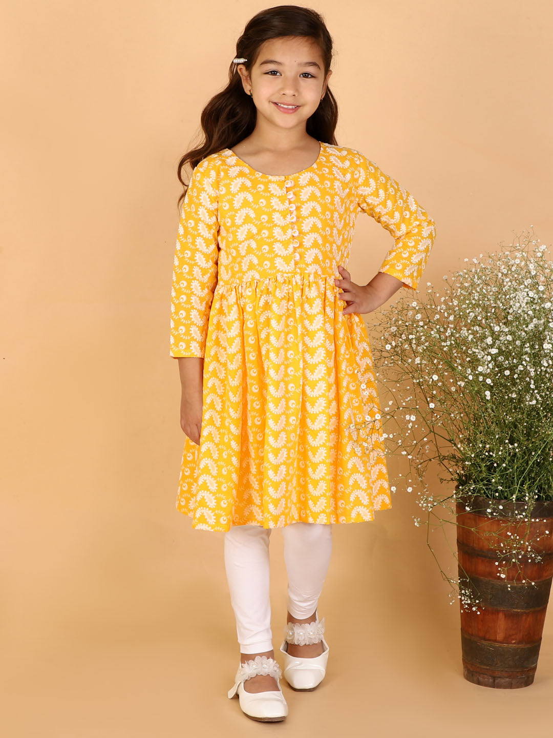 Vastramay Girl's Orange Pure Cotton Chikankari Kurta With Leggings