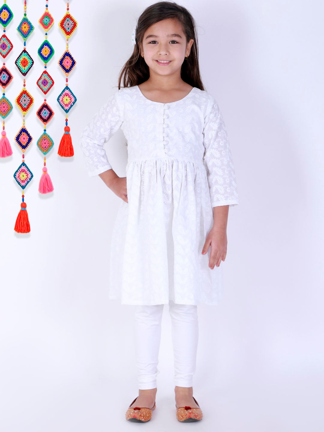 Vastramay Girl's White Pure Cotton Chikankari Kurta With Leggings