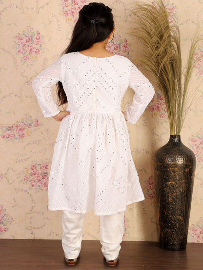 VASTRAMAY White Mirror Kurta Pyjama Siblings Set