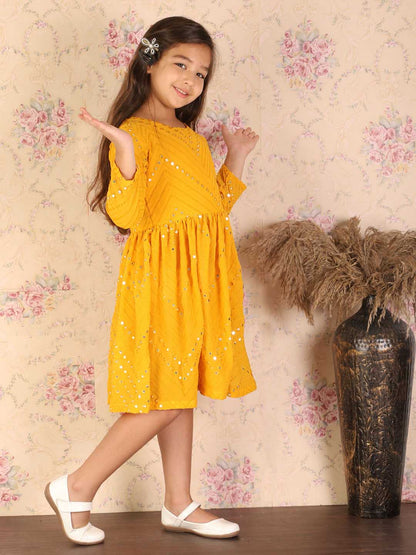 shrestha by Vastramay girls yellow color mirror work round kurta