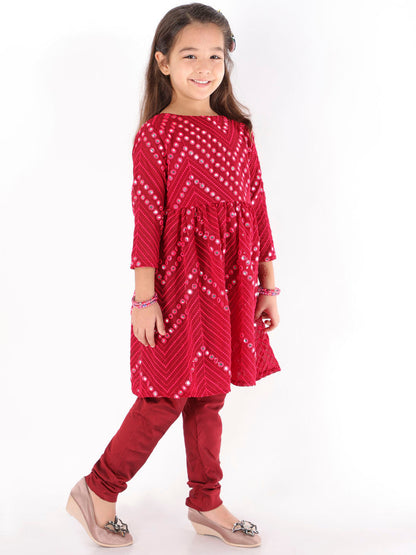 Vastramay Girl's Maroon Mirror Kurta Pyjama Set