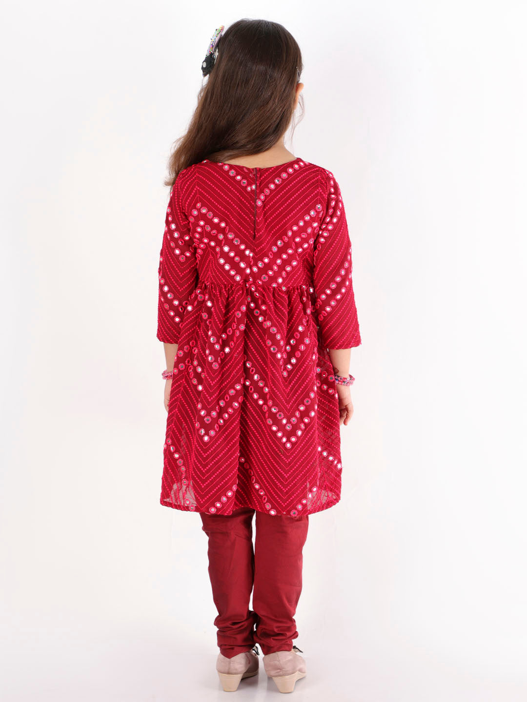 Vastramay Girl's Maroon Mirror Kurta Pyjama Set