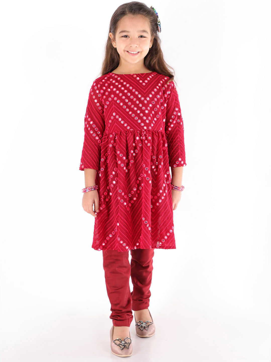 Vastramay Girl's Maroon Mirror Kurta Pyjama Set