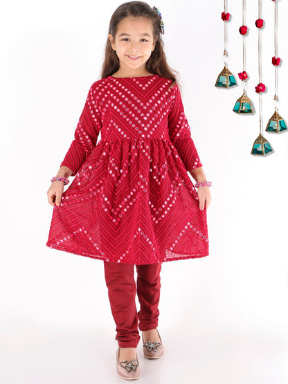 Vastramay Girl's Maroon Mirror Kurta Pyjama Set