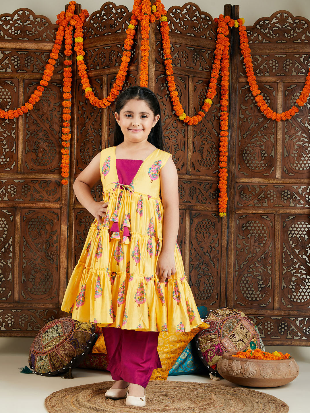 VASTRAMAY Girls' Yellow And Pink Ethnic Kurta Pant Set