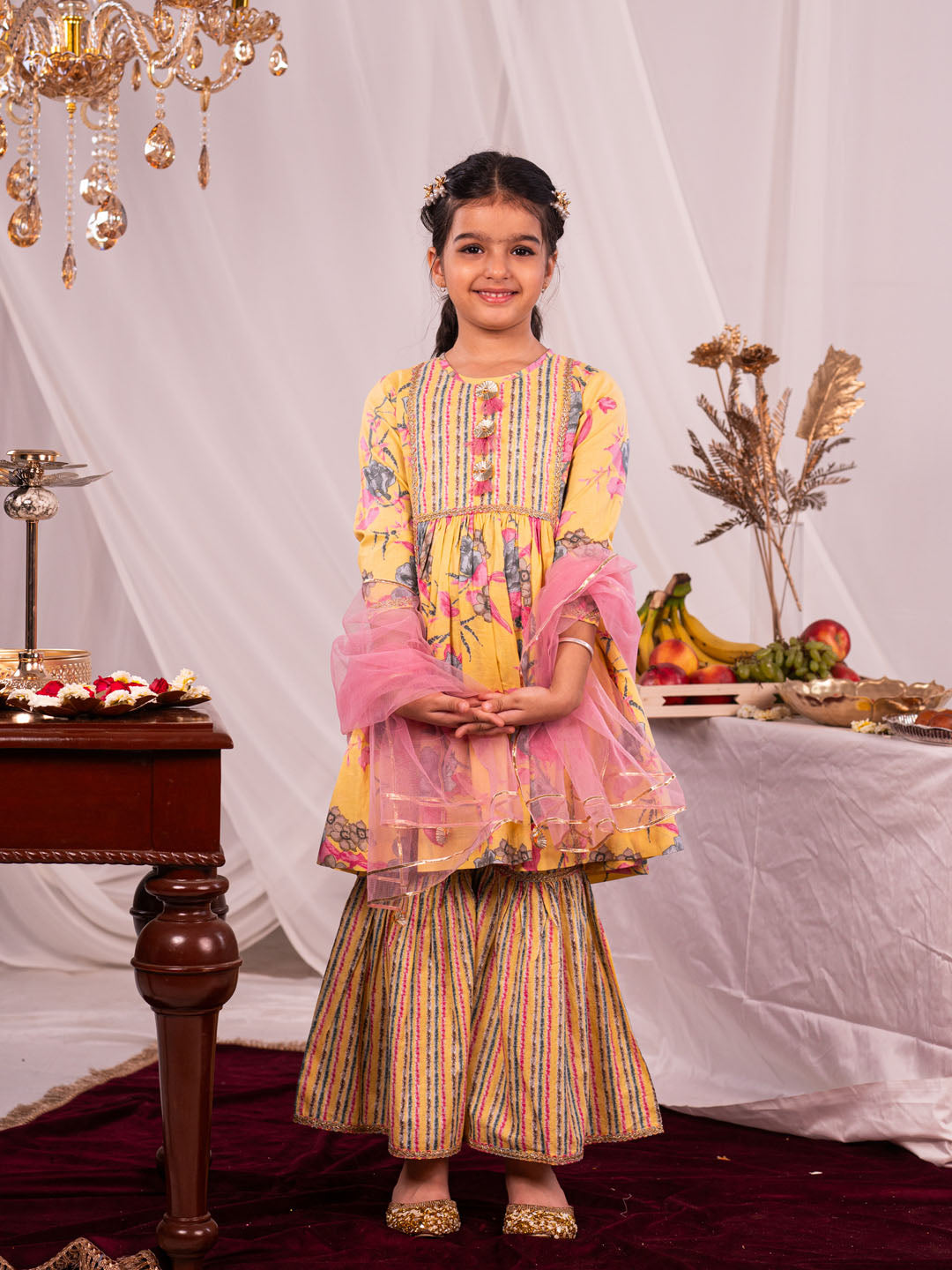 VASTRAMAY Girls' Yellow Kurta And Sharara Set