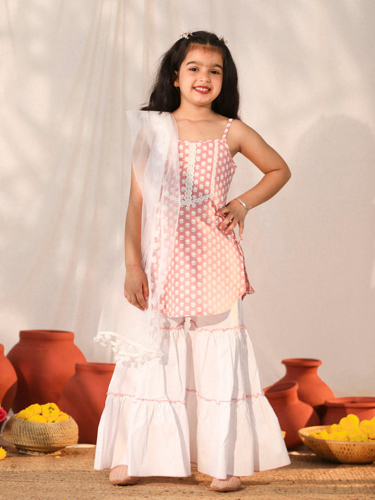 VASTRAMAY Girls' Pink and White Kurta, Sharara and Dupatta Set