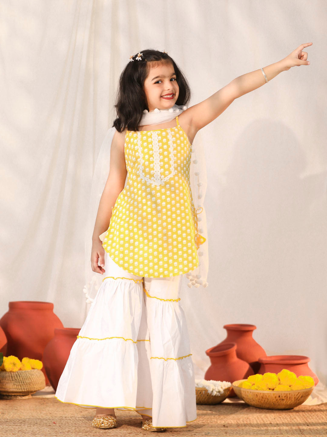 VASTRAMAY Yellow Cotton Printed Siblings Matching Set