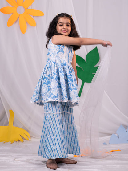 Vastramay Girl's Aqua Kurta Sharara Set