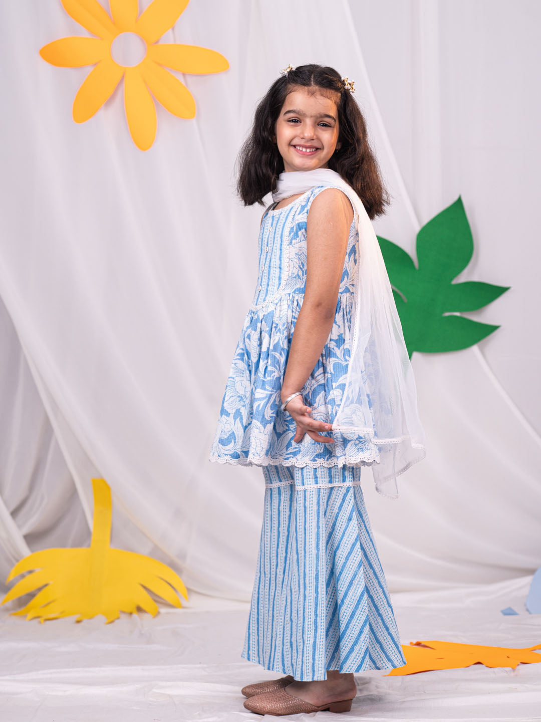 Vastramay Girl's Aqua Kurta Sharara Set