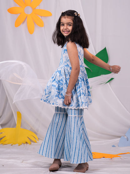 Vastramay Girl's Aqua Kurta Sharara Set