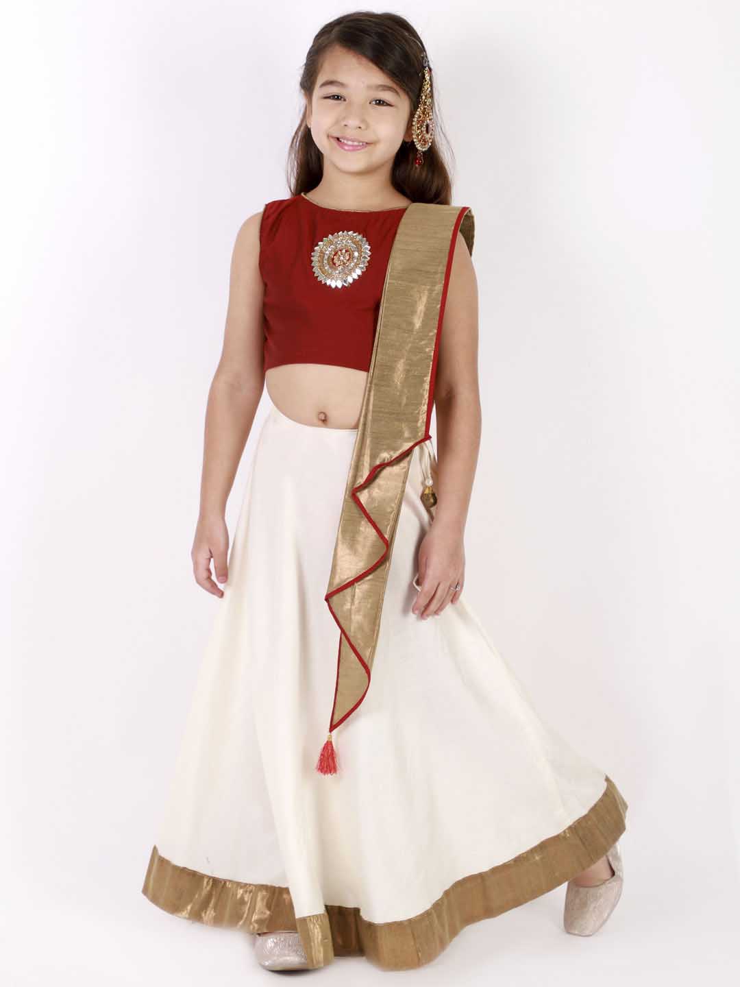 Vastramay Girl's Viscose Crop Top Skirt And Drape Dupatta Set