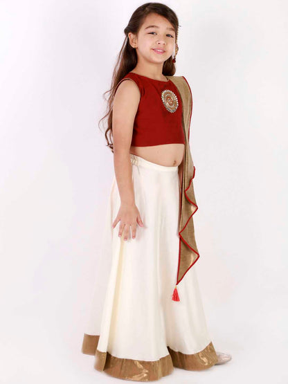 Vastramay Girl's Viscose Crop Top Skirt And Drape Dupatta Set