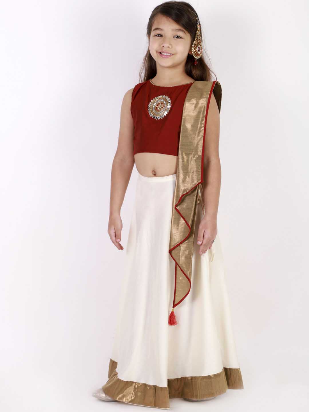 Vastramay Girl's Viscose Crop Top Skirt And Drape Dupatta Set