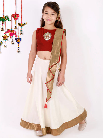 Vastramay Girl's Viscose Crop Top Skirt And Drape Dupatta Set