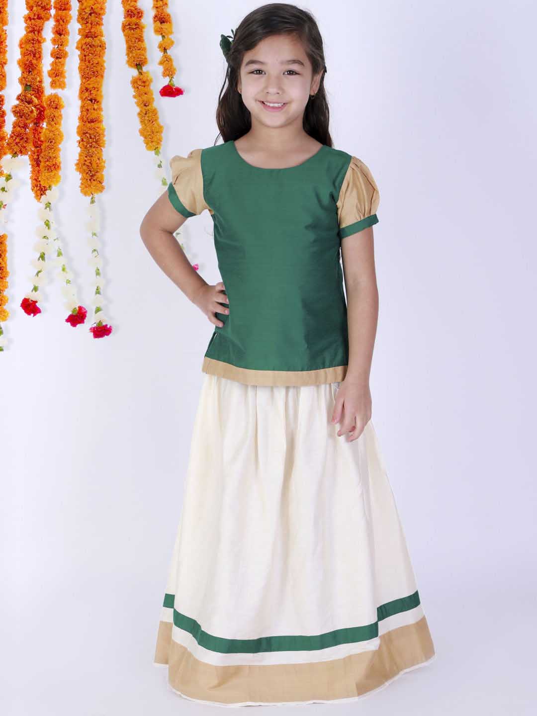 Vastramay Girl's Green & White Pavda Pattu Lehenga Choli Set