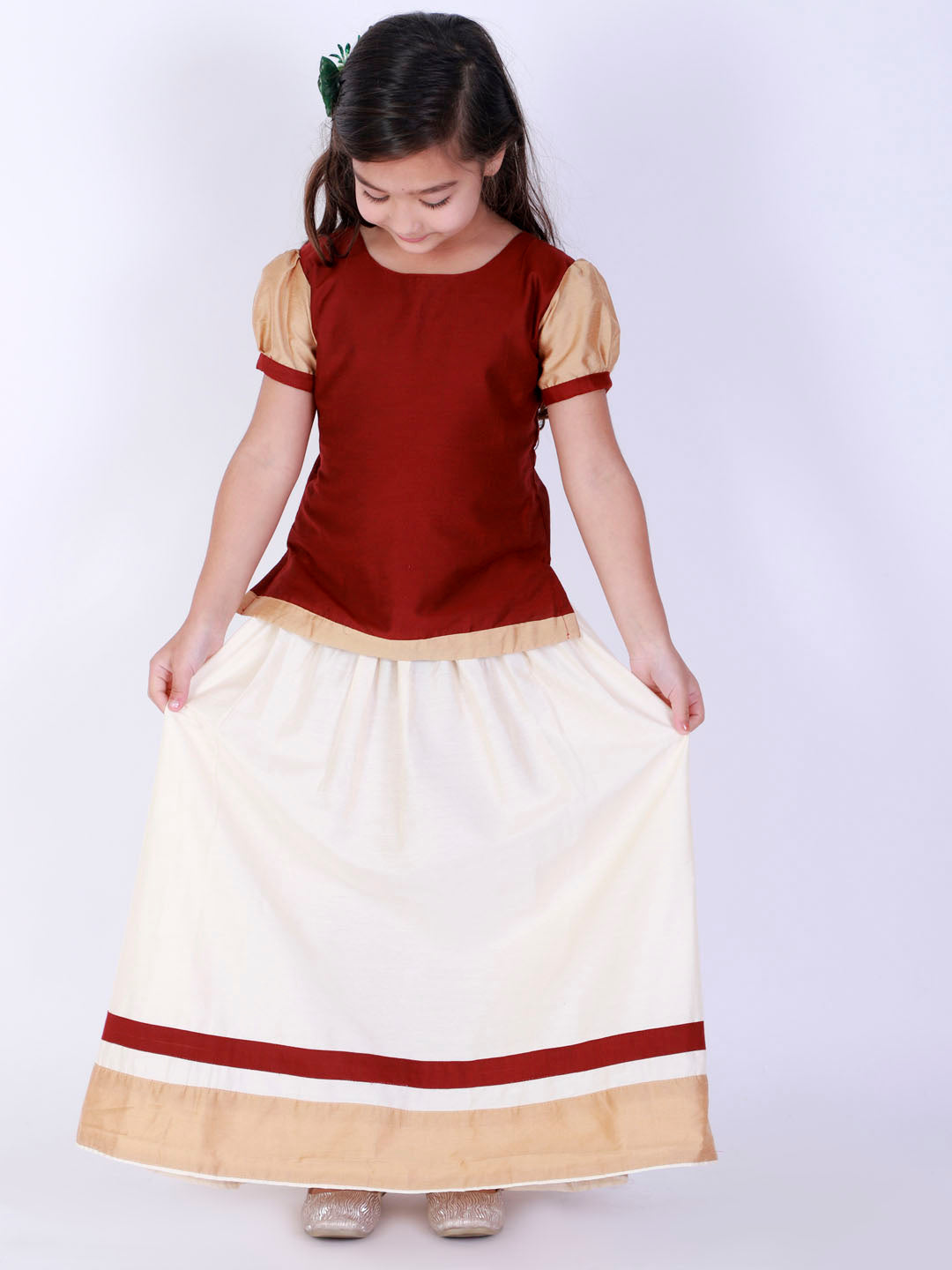 Vastramay Girl's Maroon & White Pavda Pattu Lehenga Choli Set