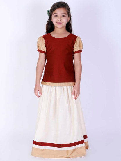 Vastramay Girl's Maroon & White Pavda Pattu Lehenga Choli Set