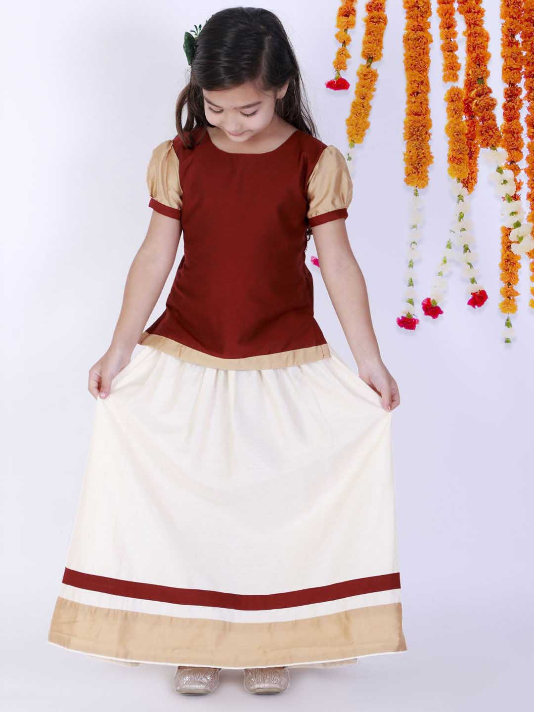 Vastramay Girl's Maroon & White Pavda Pattu Lehenga Choli Set