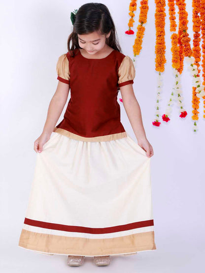 Vastramay Girl's Maroon & White Pavda Pattu Lehenga Choli Set