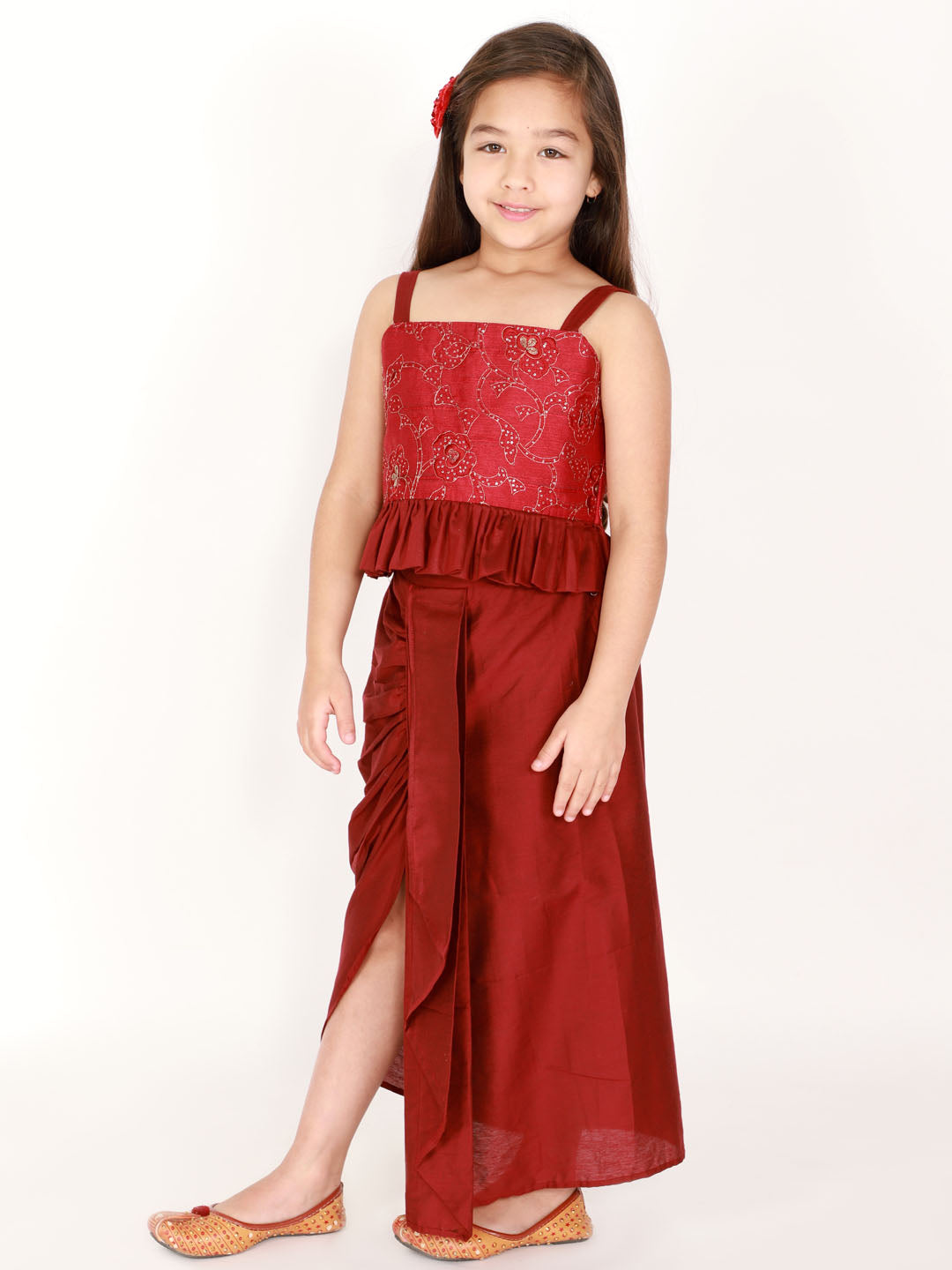 Vastramay Maroon Embroidered Silk Blend Siblings Set