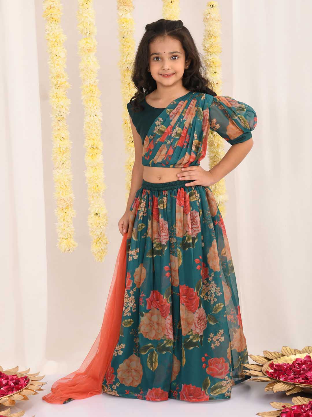 VASTRAMAY Girls' Green Printed Organza Lehenga With Dupatta Set