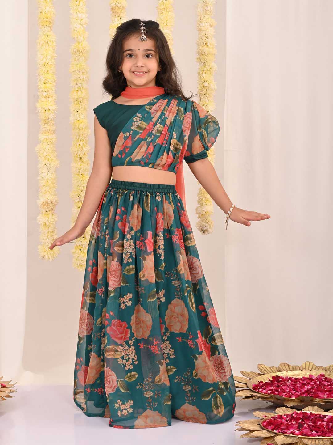 VASTRAMAY Girls' Green Printed Organza Lehenga With Dupatta Set