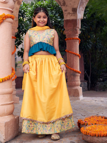 VASTRAMAY Girls' Yellow Silk Blend Embellished Lehenga Set